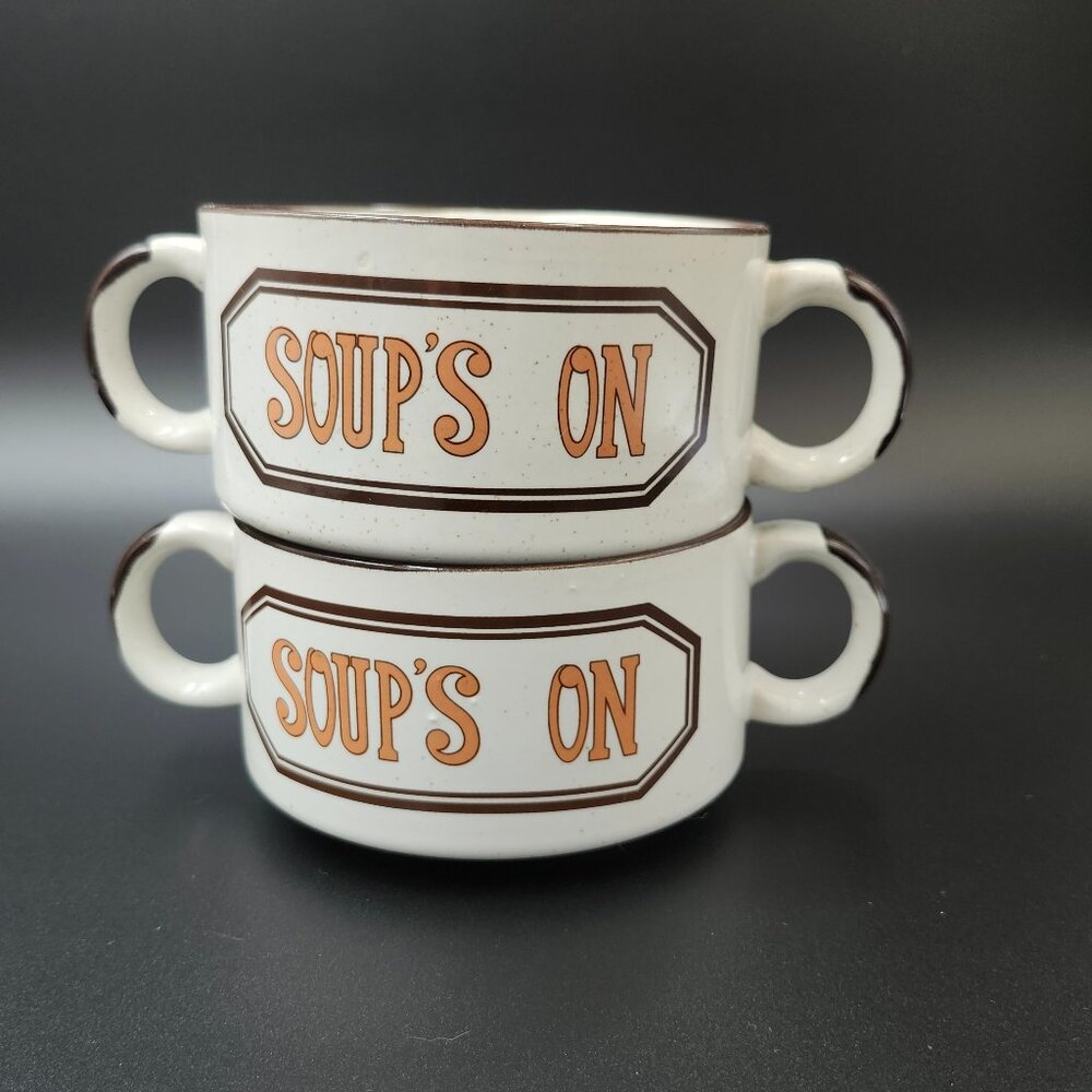 Vintage Pair Speckled Ceramic Soup Bowls Dual Handle